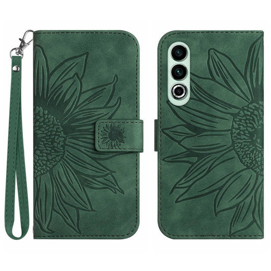 HT04 For OnePlus Nord CE4 5G Case with Strap PU Leather Sunflower Wallet Phone Cover - Dark Green