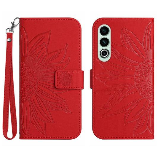 HT04 For OnePlus Nord CE4 5G Case with Strap PU Leather Sunflower Wallet Phone Cover - Red