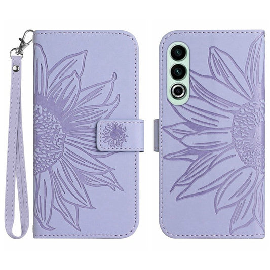 HT04 For OnePlus Nord CE4 5G Case with Strap PU Leather Sunflower Wallet Phone Cover - Light Purple
