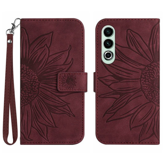 HT04 For OnePlus Nord CE4 5G Case with Strap PU Leather Sunflower Wallet Phone Cover - Wine Red