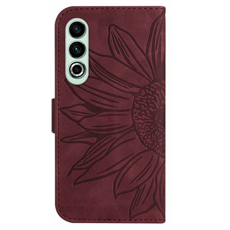 HT04 For OnePlus Nord CE4 5G Case with Strap PU Leather Sunflower Wallet Phone Cover - Wine Red