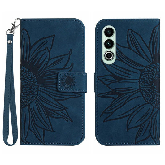 HT04 For OnePlus Nord CE4 5G Case with Strap PU Leather Sunflower Wallet Phone Cover - Dark Blue