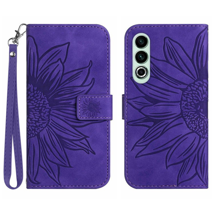 HT04 For OnePlus Nord CE4 5G Case with Strap PU Leather Sunflower Wallet Phone Cover - Dark Purple
