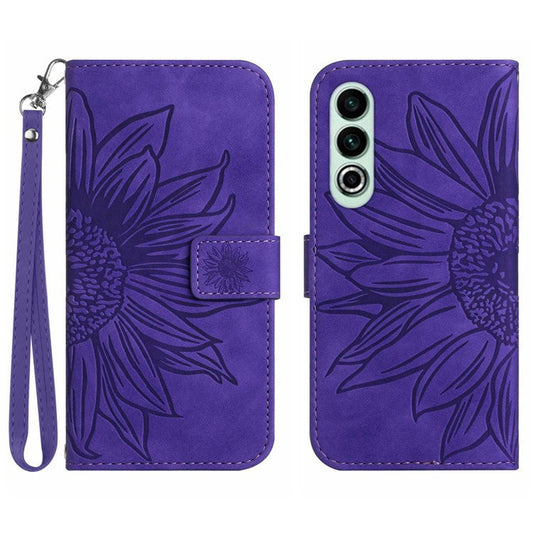 HT04 For OnePlus Nord CE4 5G Case with Strap PU Leather Sunflower Wallet Phone Cover - Dark Purple
