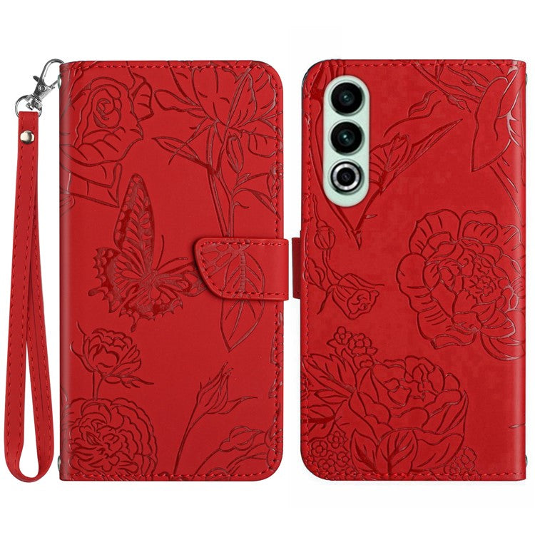 HT03 For OnePlus Nord CE4 5G Leather Case Butterfly Flower Wallet Phone Cover - Red