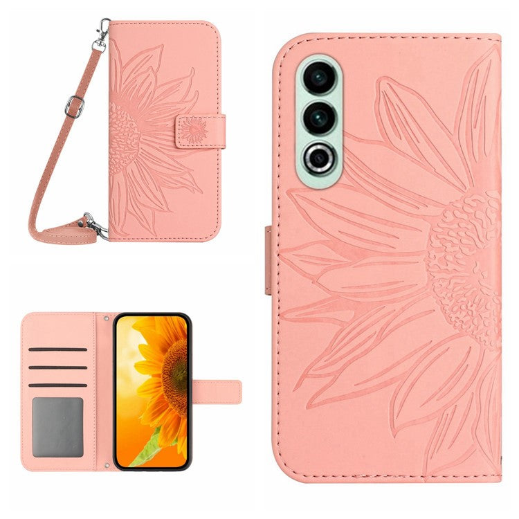 HT04 For OnePlus Nord CE4 5G Case Sunflower Flip Leather Phone Cover with Shoulder Strap - Light Pink