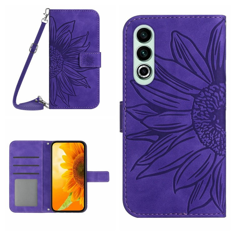 HT04 For OnePlus Nord CE4 5G Case Sunflower Flip Leather Phone Cover with Shoulder Strap - Dark Purple