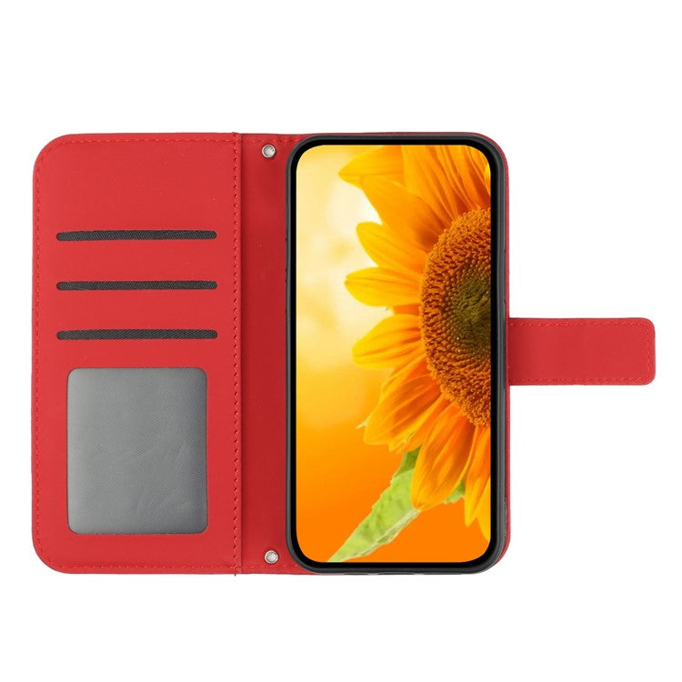 HT04 For Samsung Galaxy M15 5G Case PU Leather Wrist Strap Sunflower Wallet Phone Cover - Red