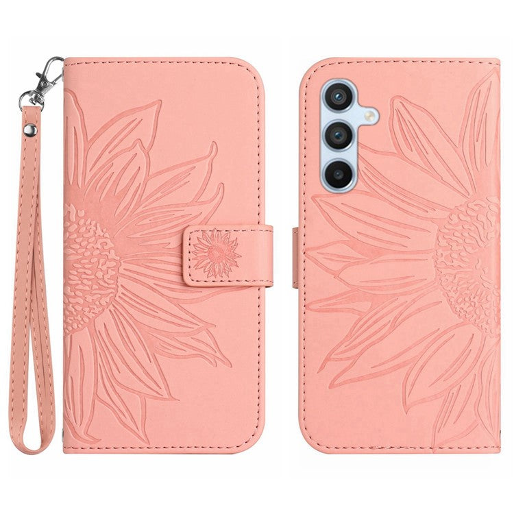 HT04 For Samsung Galaxy M15 5G Case PU Leather Wrist Strap Sunflower Wallet Phone Cover - Light Pink
