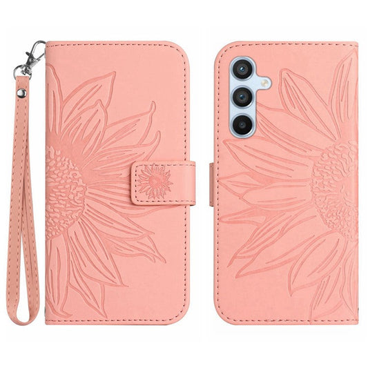 HT04 For Samsung Galaxy M15 5G Case PU Leather Wrist Strap Sunflower Wallet Phone Cover - Light Pink