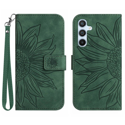 HT04 For Samsung Galaxy M15 5G Case PU Leather Wrist Strap Sunflower Wallet Phone Cover - Dark Green