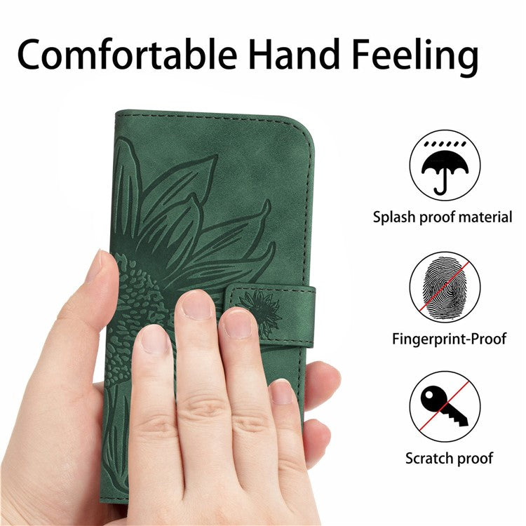 HT04 For Samsung Galaxy M15 5G Case PU Leather Wrist Strap Sunflower Wallet Phone Cover - Dark Green