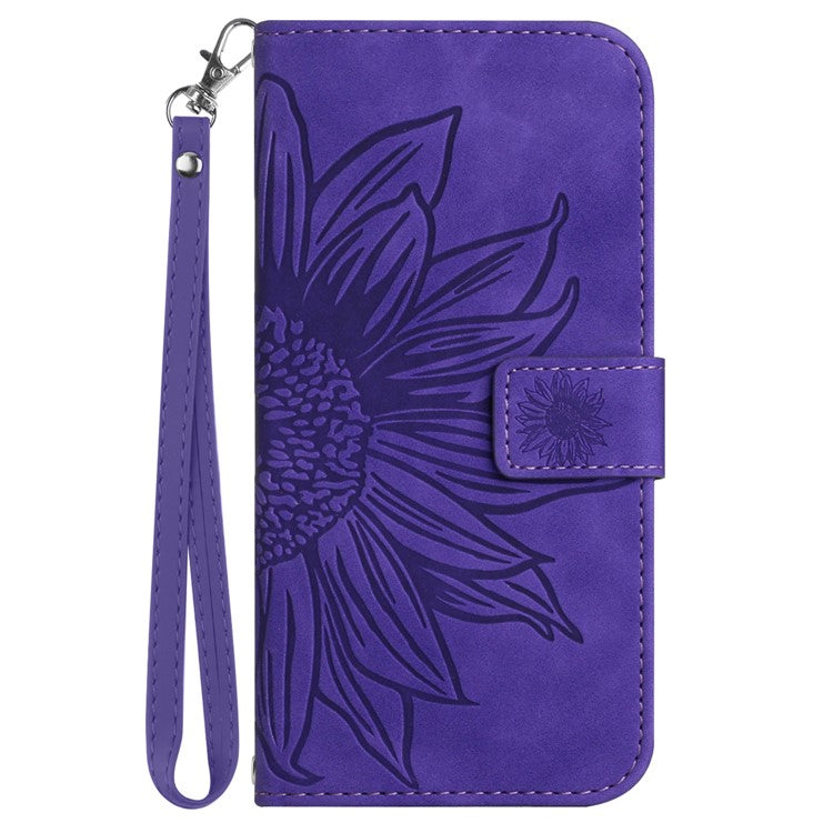 HT04 For Samsung Galaxy M15 5G Case PU Leather Wrist Strap Sunflower Wallet Phone Cover - Dark Purple