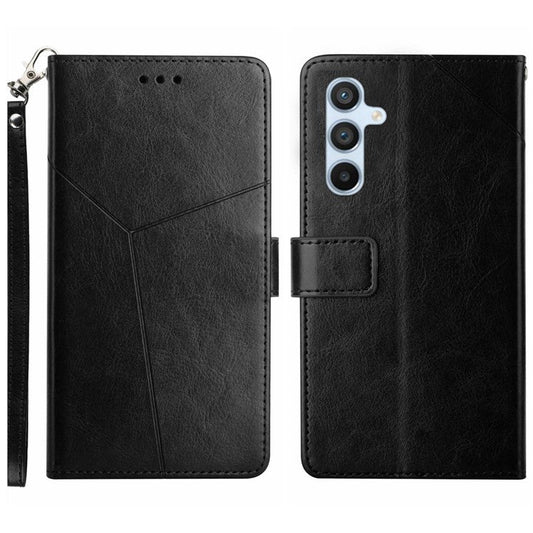 For Samsung Galaxy M15 5G Case with Wrist Strap Y Shaped Lines Imprint Leather Phone Cover - Black