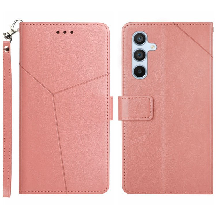 For Samsung Galaxy M15 5G Case with Wrist Strap Y Shaped Lines Imprint Leather Phone Cover - Pink