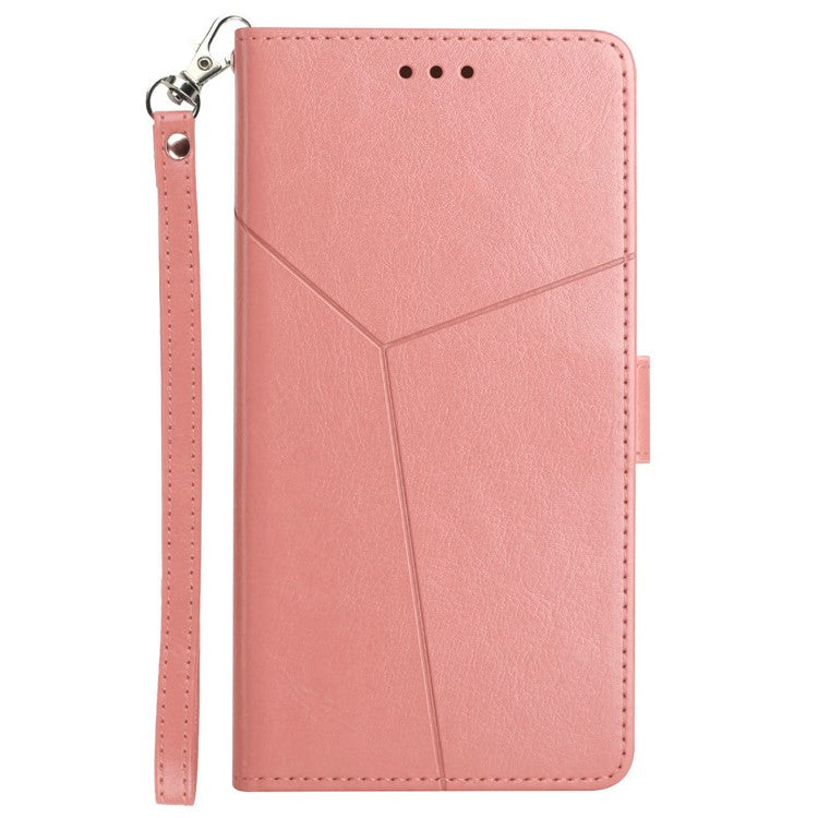 For Samsung Galaxy M15 5G Case with Wrist Strap Y Shaped Lines Imprint Leather Phone Cover - Pink