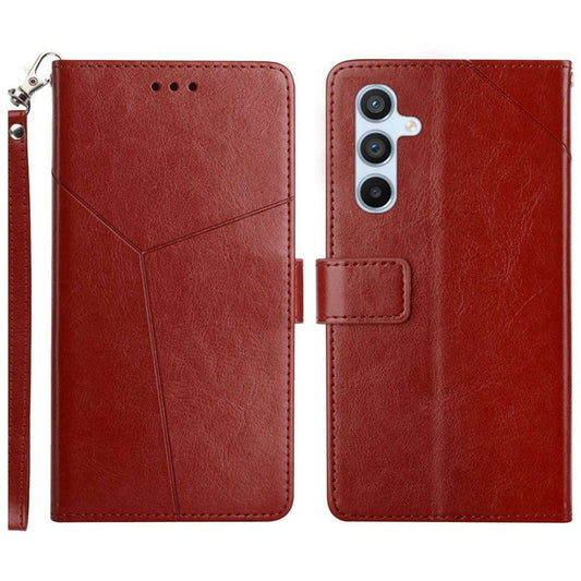 For Samsung Galaxy M15 5G Case with Wrist Strap Y Shaped Lines Imprint Leather Phone Cover - Brown