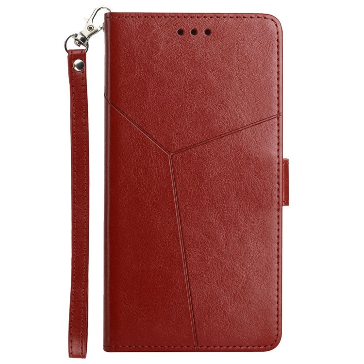For Samsung Galaxy M15 5G Case with Wrist Strap Y Shaped Lines Imprint Leather Phone Cover - Brown