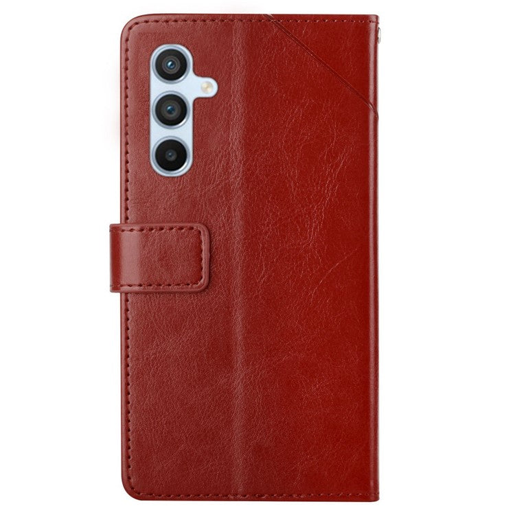 For Samsung Galaxy M15 5G Case with Wrist Strap Y Shaped Lines Imprint Leather Phone Cover - Brown