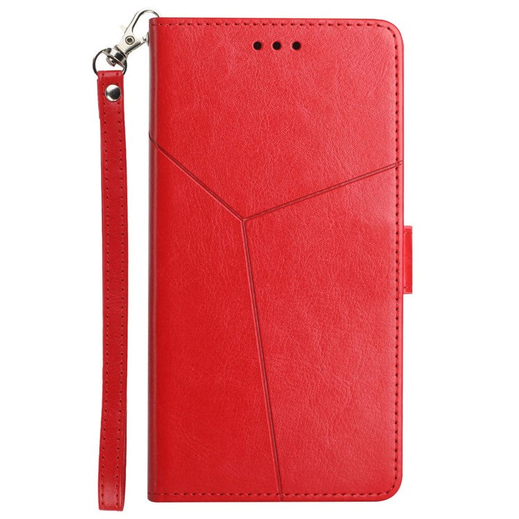For Samsung Galaxy M15 5G Case with Wrist Strap Y Shaped Lines Imprint Leather Phone Cover - Red