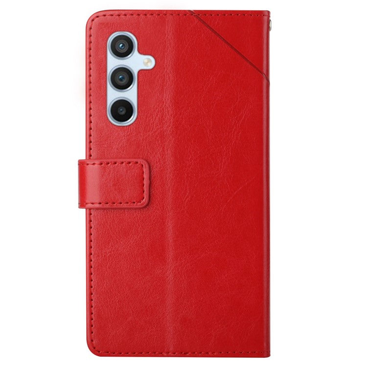 For Samsung Galaxy M15 5G Case with Wrist Strap Y Shaped Lines Imprint Leather Phone Cover - Red