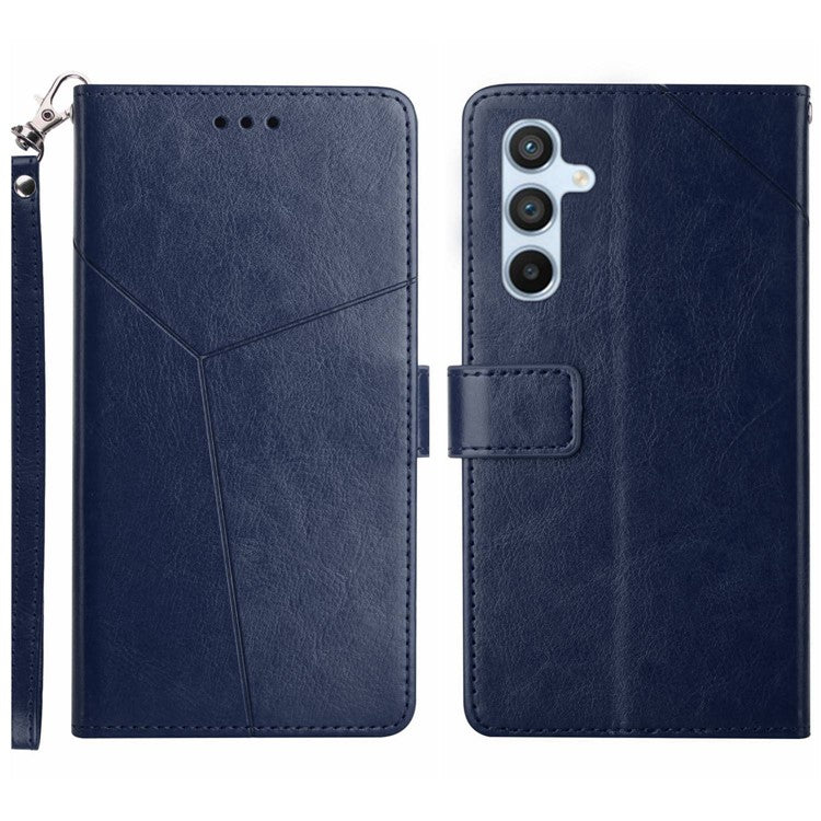 For Samsung Galaxy M15 5G Case with Wrist Strap Y Shaped Lines Imprint Leather Phone Cover - Blue