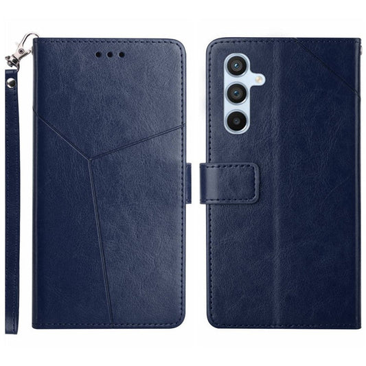 For Samsung Galaxy M15 5G Case with Wrist Strap Y Shaped Lines Imprint Leather Phone Cover - Blue