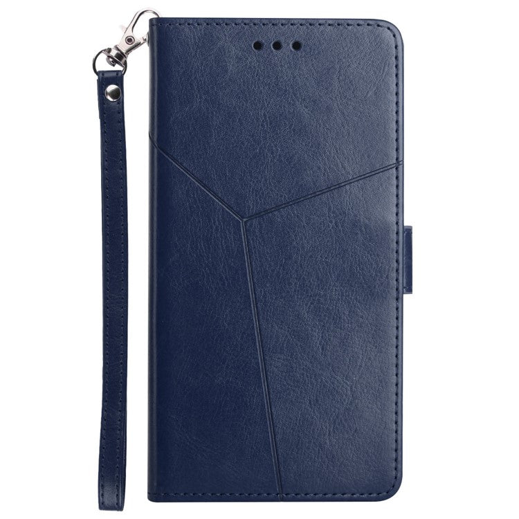 For Samsung Galaxy M15 5G Case with Wrist Strap Y Shaped Lines Imprint Leather Phone Cover - Blue