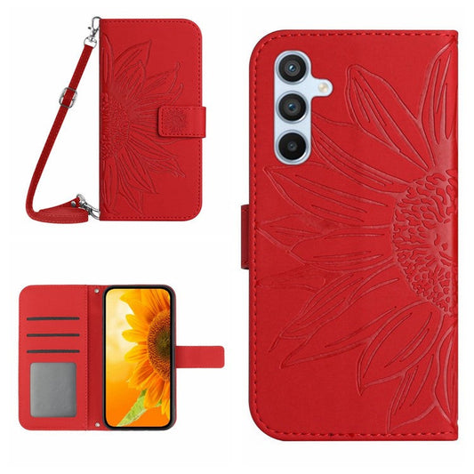 HT04 For Samsung Galaxy M15 5G Crossbody Case Sunflower Leather Magnetic Flip Phone Cover - Red