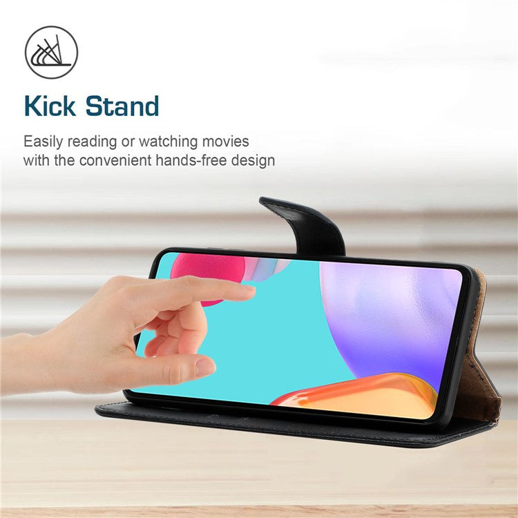 HT02 For Samsung Galaxy M15 5G Case Magnetic Folio Genuine Cow Leather Phone Cover - Black
