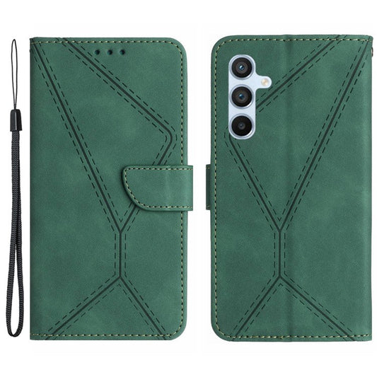 HT05 For Samsung Galaxy M15 5G Case Lines Imprinted PU Leather Skin-touch Phone Cover - Green