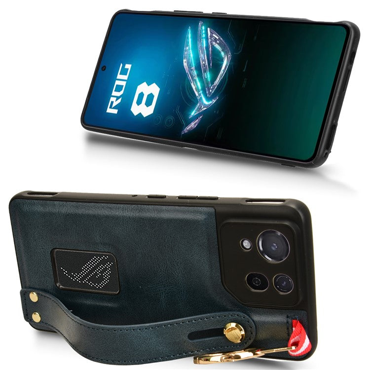 For Asus ROG Phone 8 5G / Phone 8 Pro 5G Cell Phone Case PU Leather+PC+TPU Back Cover with Neck Strap - Blue