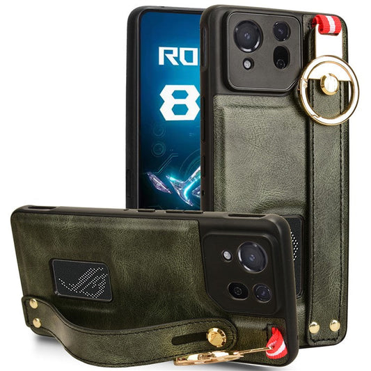 For Asus ROG Phone 8 5G / Phone 8 Pro 5G Cell Phone Case PU Leather+PC+TPU Back Cover with Neck Strap - Green