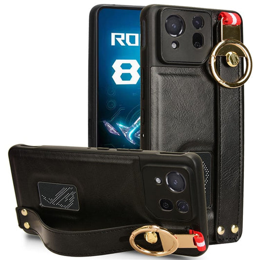 For Asus ROG Phone 8 5G / Phone 8 Pro 5G Cell Phone Case PU Leather+PC+TPU Back Cover with Neck Strap - Black