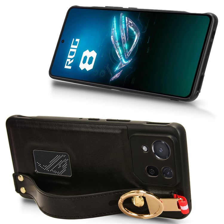 For Asus ROG Phone 8 5G / Phone 8 Pro 5G Cell Phone Case PU Leather+PC+TPU Back Cover with Neck Strap - Black