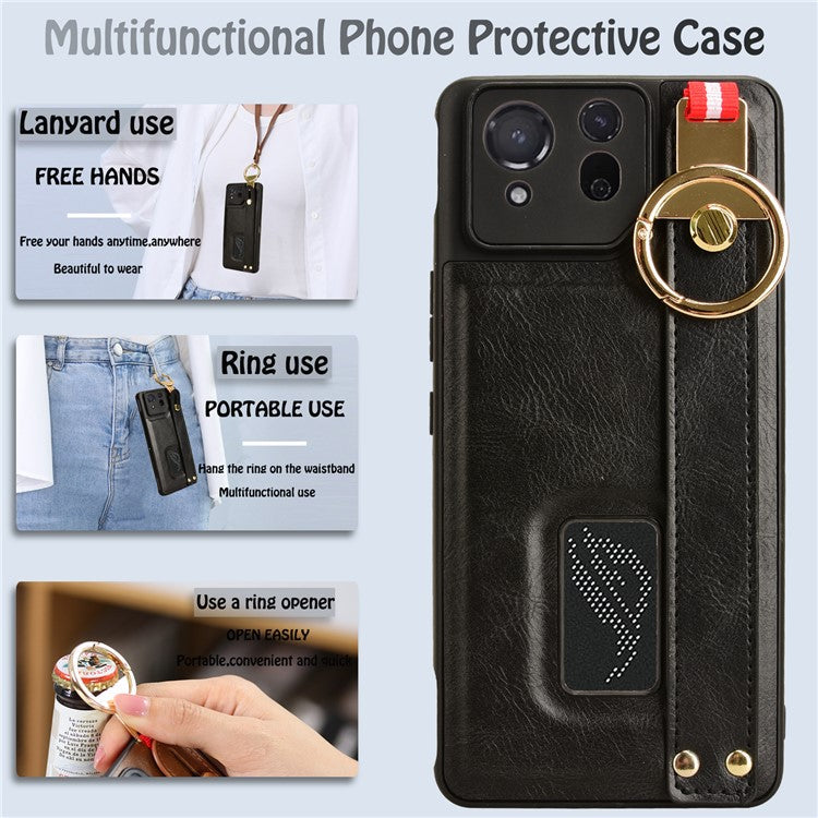 For Asus ROG Phone 8 5G / Phone 8 Pro 5G Cell Phone Case PU Leather+PC+TPU Back Cover with Neck Strap - Black