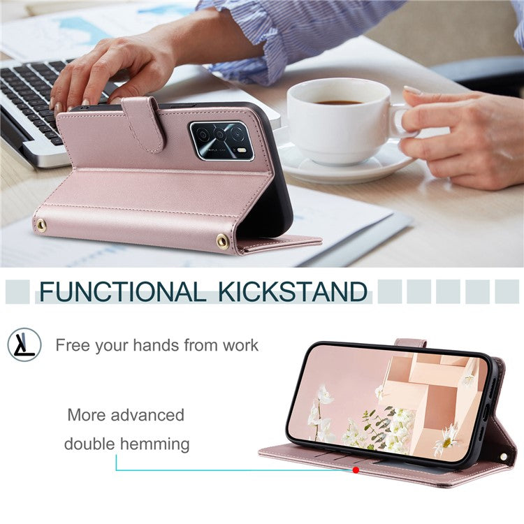 Wallet Case for Oppo A16 / A16s / A55 / A55 5G / A54 4G / A54s / A56 5G / Realme V11 5G , Rhombus Grid Card Holder Leather Phone Cover - Rose Gold