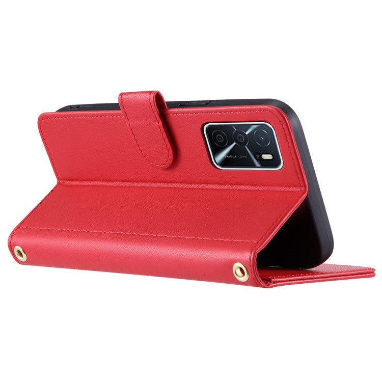 Wallet Case for Oppo A16 / A16s / A55 / A55 5G / A54 4G / A54s / A56 5G / Realme V11 5G , Rhombus Grid Card Holder Leather Phone Cover - Red