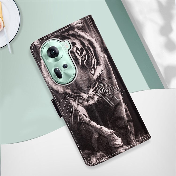 YB Pattern Printing Leather Series-4 for Oppo Reno11 5G (Global) Phone Case with Wallet Stand - Tiger