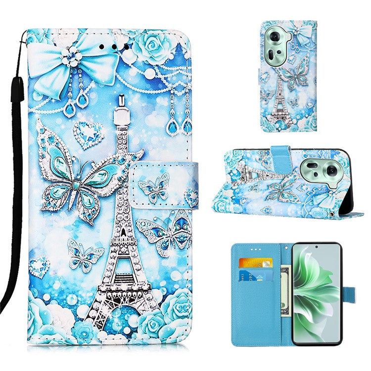 YB Pattern Printing Leather Series-4 for Oppo Reno11 5G (Global) Phone Case with Wallet Stand - Eiffel Tower and Butterfly