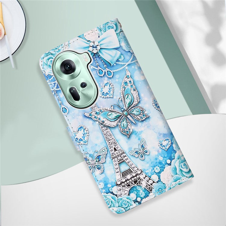 YB Pattern Printing Leather Series-4 for Oppo Reno11 5G (Global) Phone Case with Wallet Stand - Eiffel Tower and Butterfly