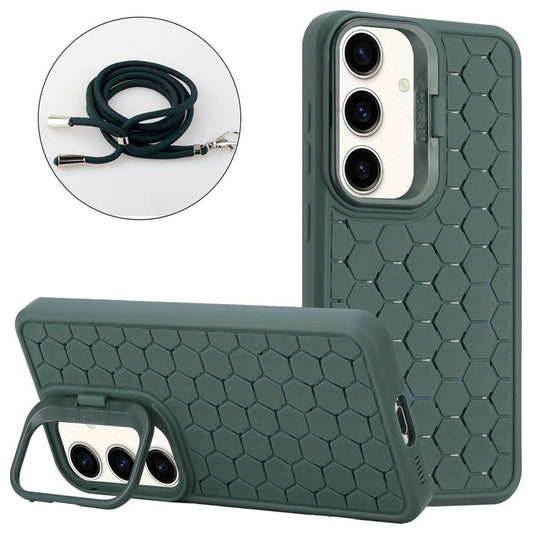 For Samsung Galaxy S24+ Magnetic Phone Case Lens Frame Kickstand TPU Cover with Lanyard - Army Green