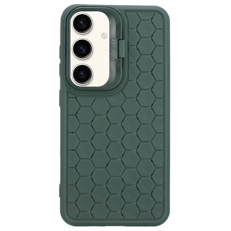 For Samsung Galaxy S24+ TPU Case Cameara Kickstand Honeycomb Texture Cooling Phone Cover - Army Green