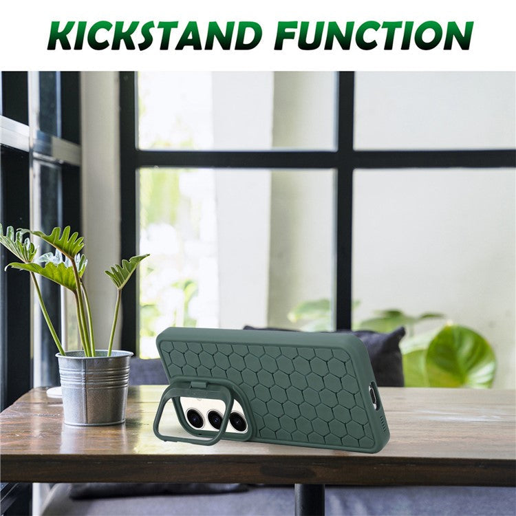 For Samsung Galaxy S24+ TPU Case Cameara Kickstand Honeycomb Texture Cooling Phone Cover - Army Green