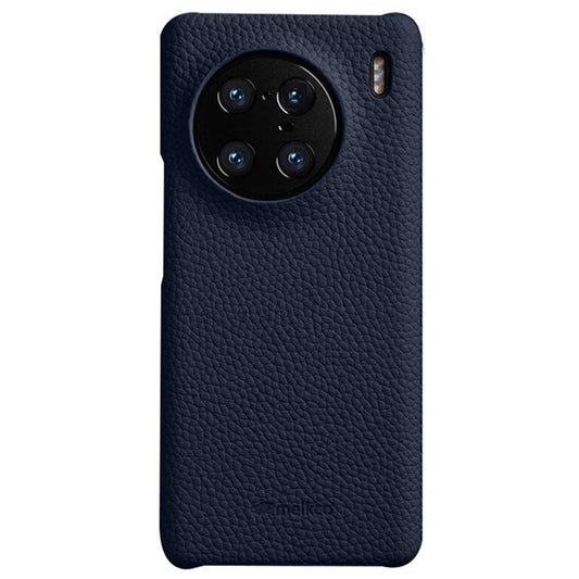 MELKCO For vivo X90 Pro 5G Incomplete Edge Shock-absorbing Phone Case Genuine Cow Leather Coated PC Cover - Dark Blue