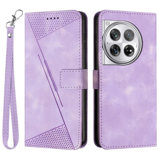 For OnePlus 12 5G Wallet Case Triangle Imprinted Leather Phone Cover with Stand - Purple