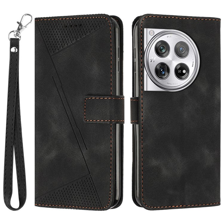 For OnePlus 12 5G Wallet Case Triangle Imprinted Leather Phone Cover with Stand - Black