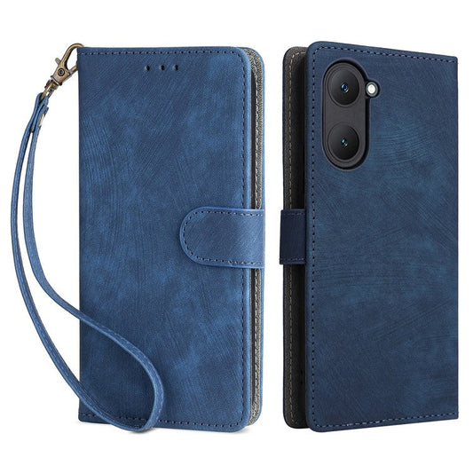 For vivo Y28s 5G / T3 Lite 5G / Y03 / Y18 4G / Y18e 4G Case PU Leather Stand RFID Blocking Flip Phone Cover with Strap - Blue