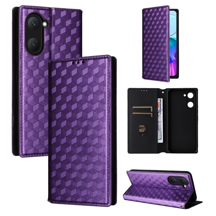 For vivo Y28s 5G / T3 Lite 5G / Y03 / Y18 4G / Y18e 4G Protective Case Magnetic Closing Rhombus Imprinting Leather Phone Shell - Purple