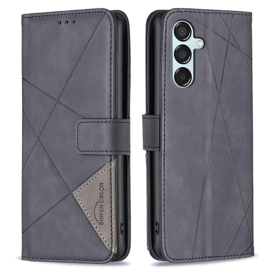 BINFEN COLOR For Samsung Galaxy M15 5G Phone Cases Wallet Stand Geometry Imprinted Leather Cover - Black